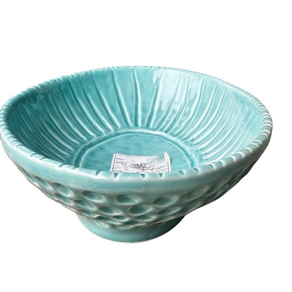 Majoliche Jessica Ceramic Oval Bowl Turquoise Dimpled Rib Art Deco Italy 8.75" - Picture 2 of 10